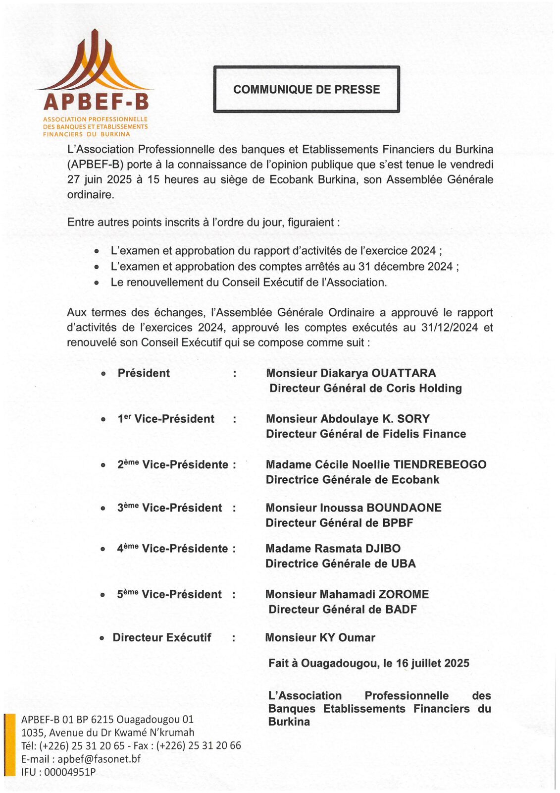 Communiqué de presse de l'APBEF-B annonçant le renouvellement de son Conseil exécutif, juillet 2025